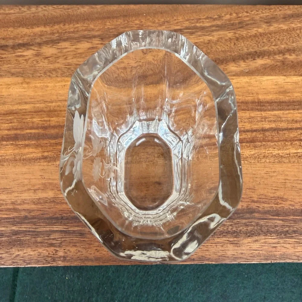 Etched Crystal Butterfly Flower Vase Clear Glass Small Hexagonal 4.5 Inch